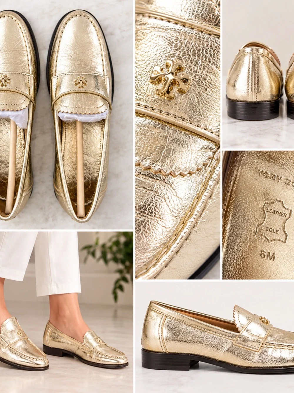 Tory Burch Classic Loafers - Spark Gold Metallic Leather - size 6 - brand new